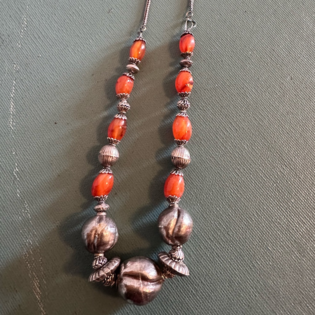 Vintage Sterling Silver And Orange Genuine Carnelian Beaded Necklace